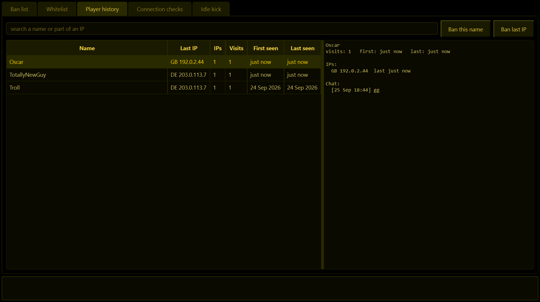 The Bans tab, Player history page