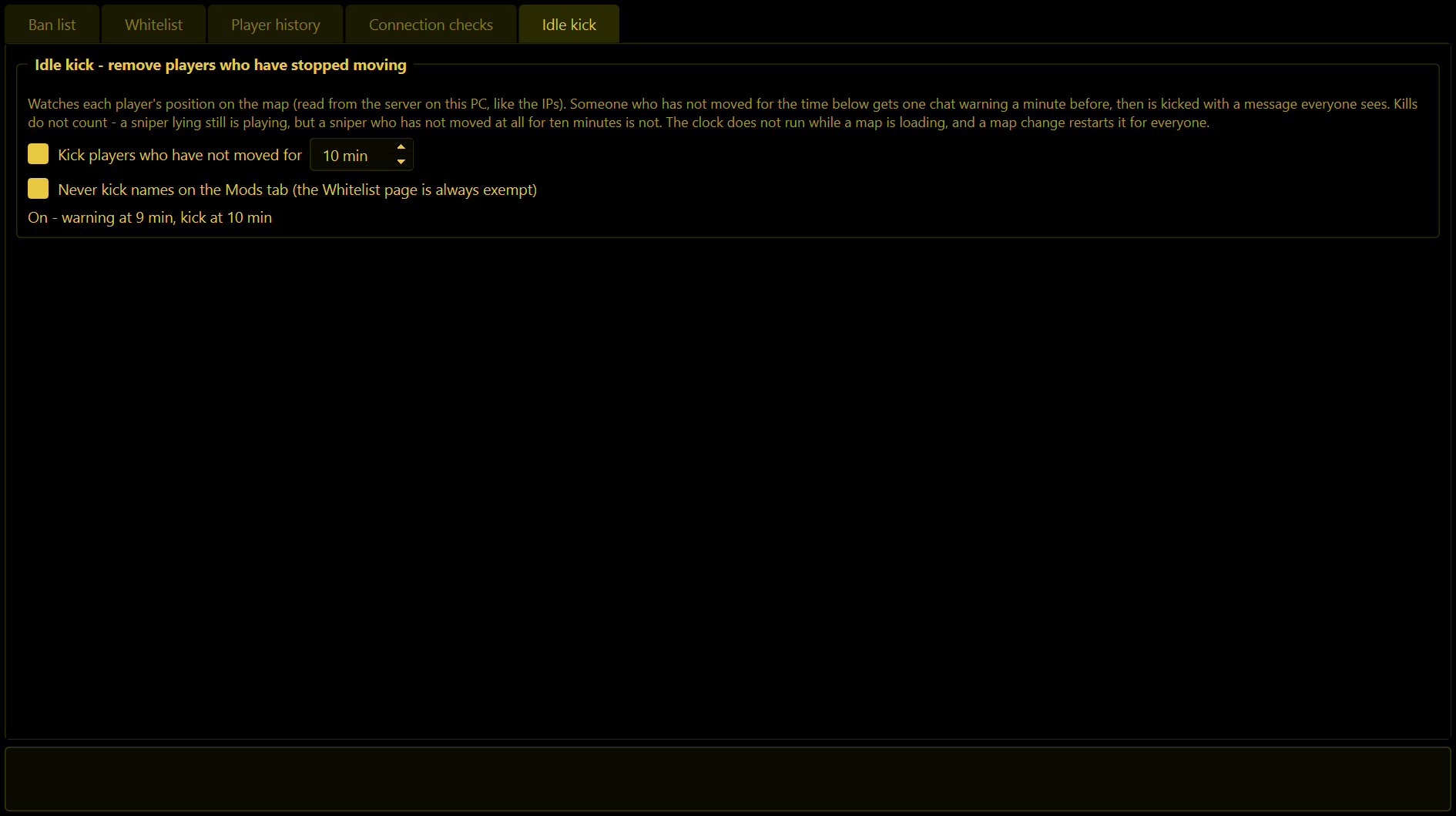 The Bans tab, Idle kick page