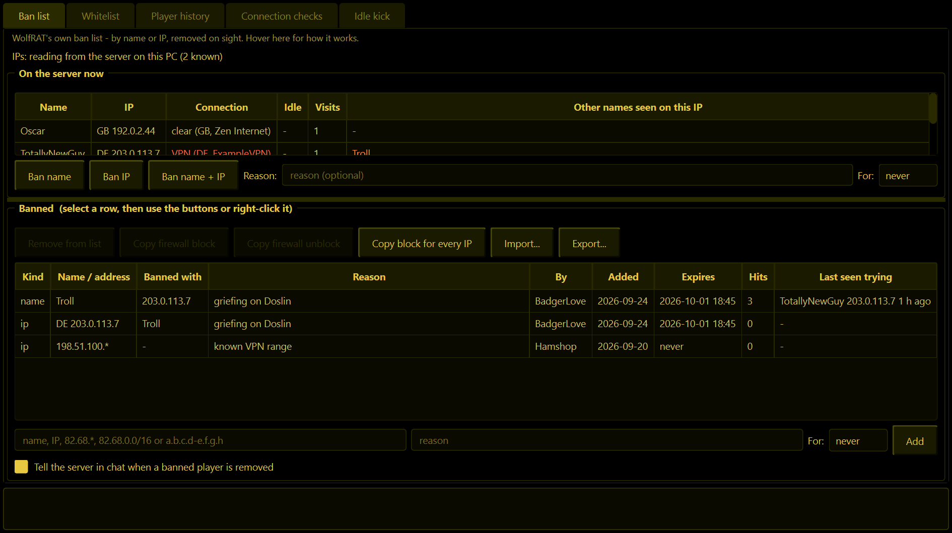 The Bans tab, Ban list page