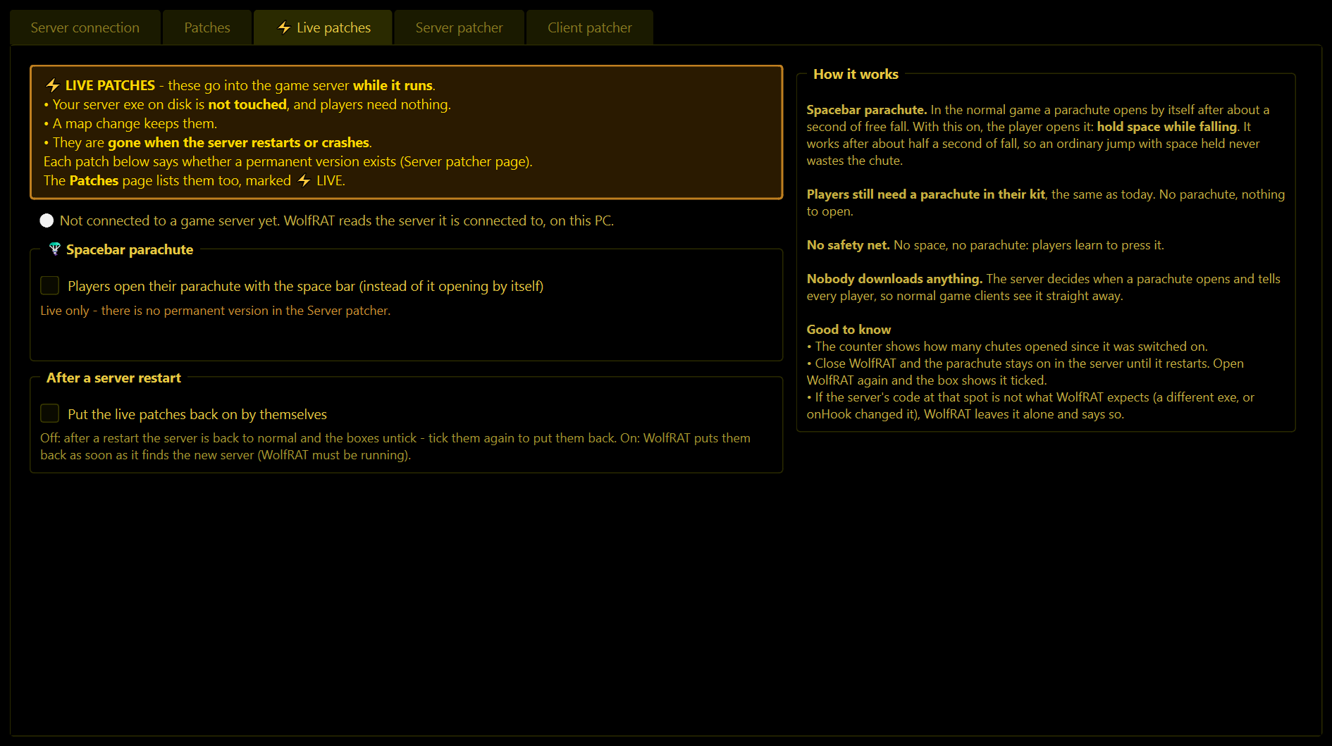The Live patches page