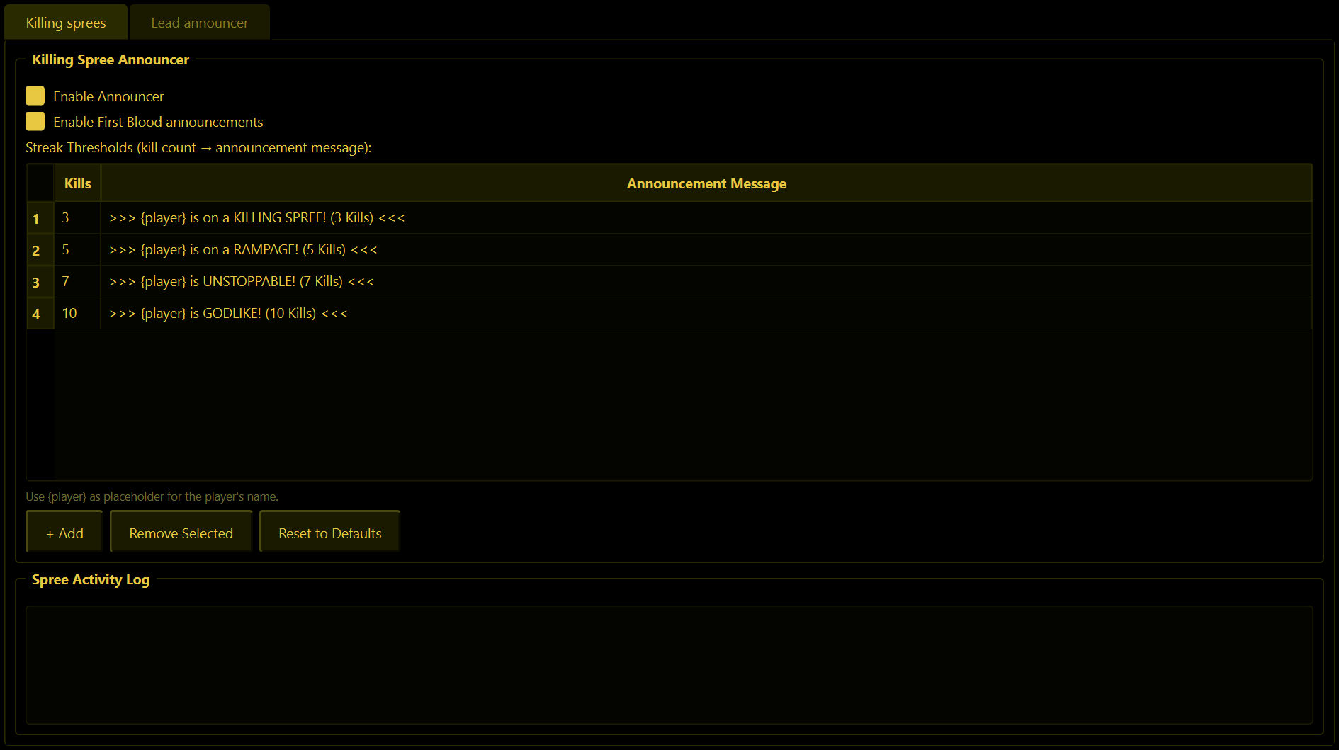 The Sprees tab